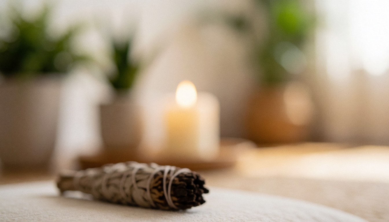 Soft focus background featuring lit candles, green plants, and a sage stick, ideal for wellness and relaxation text overlays.