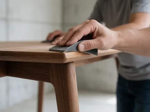 Close-up view of a person's hands using a sanding block to polish the surface of a wooden table, highlighting the texture and repair process in natural light.