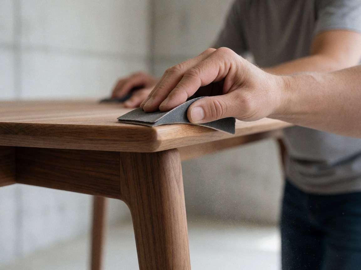 Close-up view of a person's hands using a sanding block to polish the surface of a wooden table, highlighting the texture and repair process in natural light.