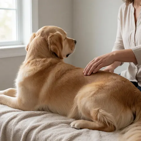 A golden dog rests on a soft blanket while a therapist's hand performs a gentle massage on its back in a calm, naturally lit room.