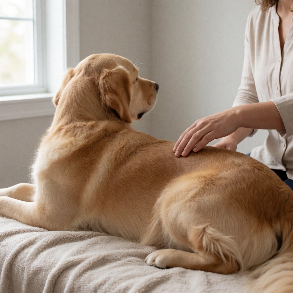A golden dog rests on a soft blanket while a therapist's hand performs a gentle massage on its back in a calm, naturally lit room.