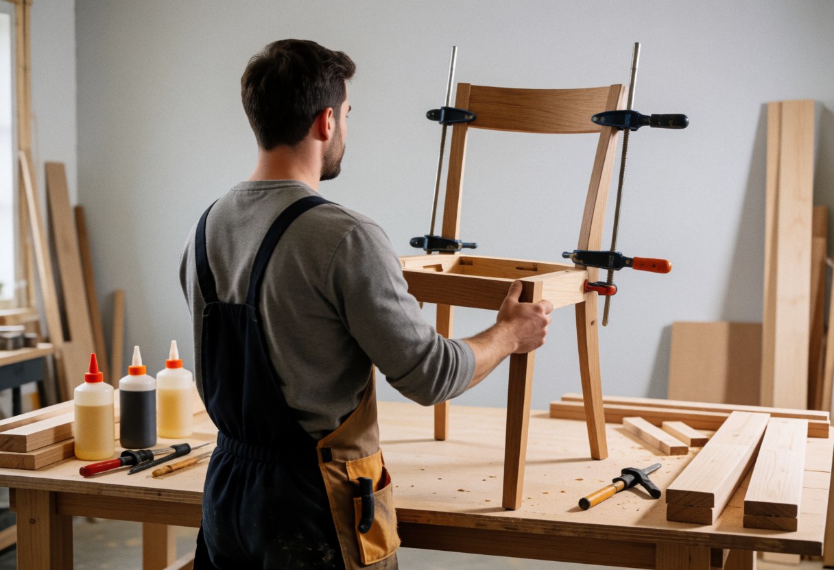 Carpenter wearing an apron working on a wooden chair in a workshop with clamps, glue, and tools on a workbench against gray walls