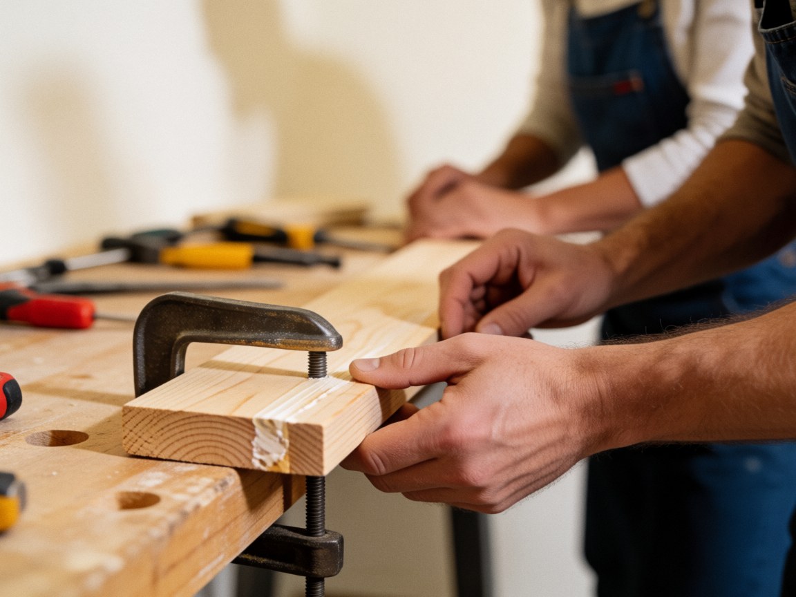 Close-up of hands applying wood glue to a piece of timber in a carpentry workshop with tools visible in the background.
