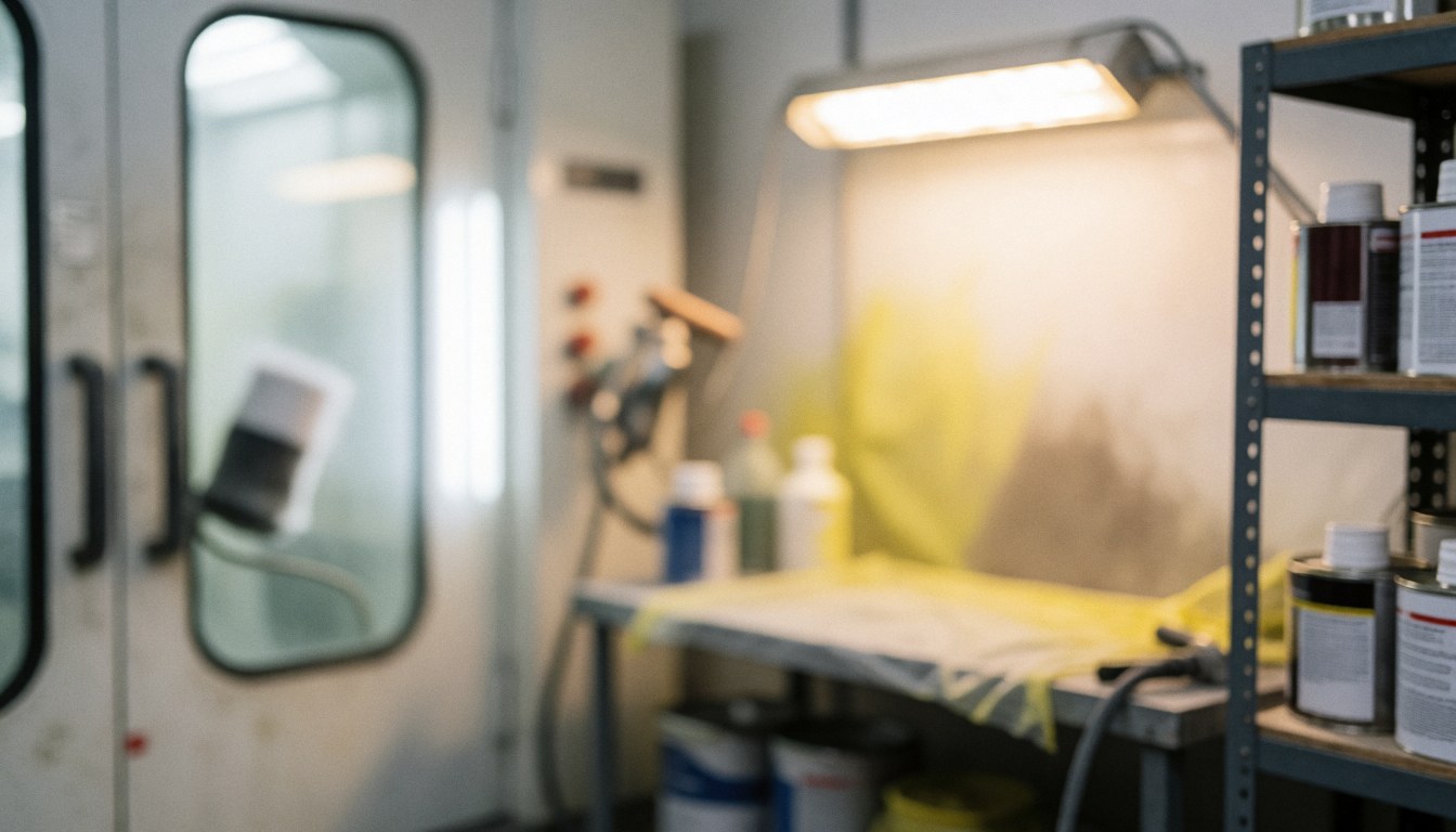 Background of a furniture repair workshop featuring shelves, paint, and warm lighting, ideal for professional service text overlays.