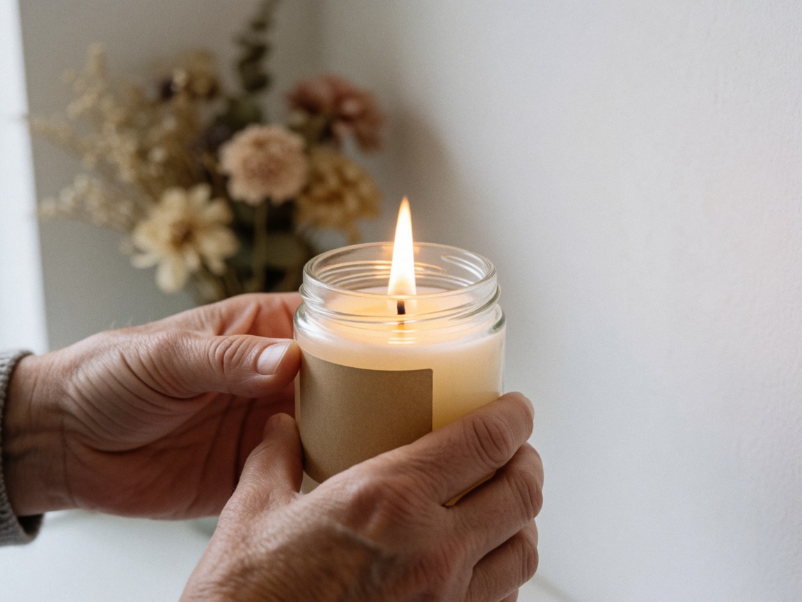 Close-up of hands holding a lit candle in a glass jar with dried flowers and a white wall background