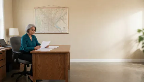 A quiet real estate office featuring a woman at a wooden desk reviewing documents, with a vintage map on the beige wall and natural light illuminating the polished concrete floor.