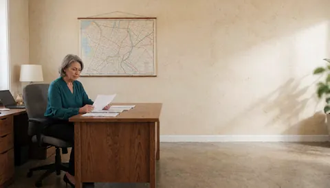 A quiet real estate office featuring a woman at a wooden desk reviewing documents, with a vintage map on the beige wall and natural light illuminating the polished concrete floor.