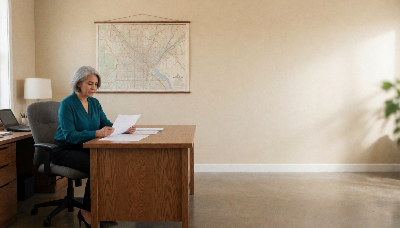 A quiet real estate office featuring a woman at a wooden desk reviewing documents, with a vintage map on the beige wall and natural light illuminating the polished concrete floor.