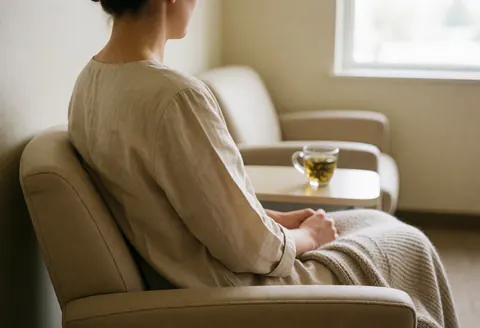 A relaxed woman sits comfortably in a chair with a tea cup and blanket in a serene waiting area