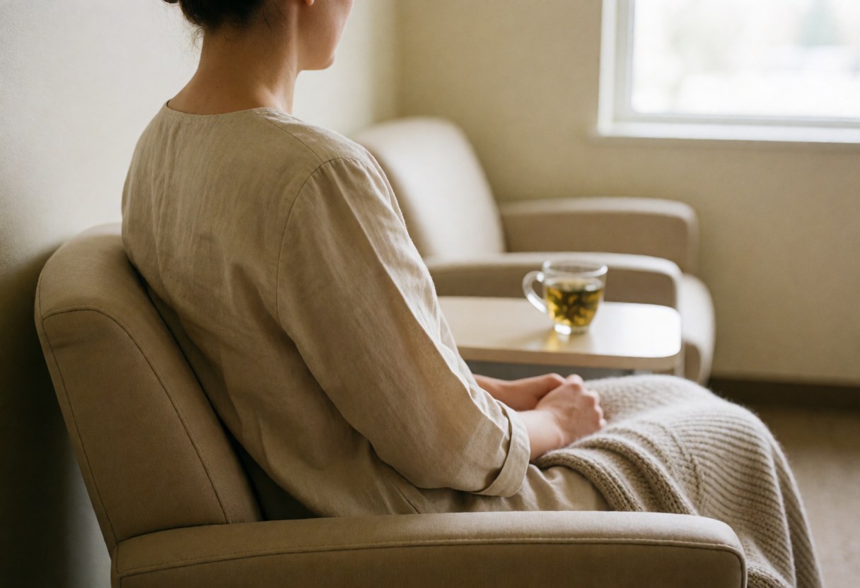 A relaxed woman sits comfortably in a chair with a tea cup and blanket in a serene waiting area