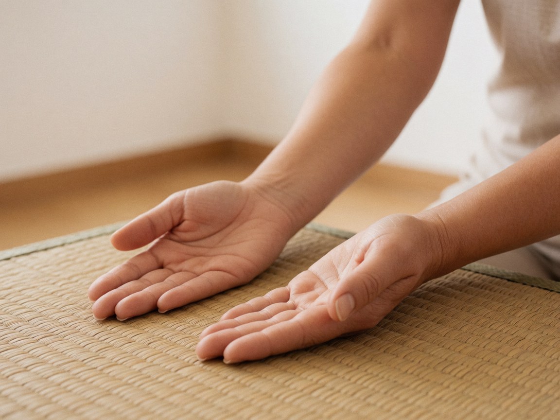 Close-up of open hands resting in a reiki reception posture on a woven mat, symbolizing relaxation, energy healing, and wellness therapy.