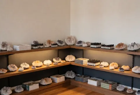 Wooden shelf displaying crystals, books, and essential oils in a wellness center with gray walls and wood flooring