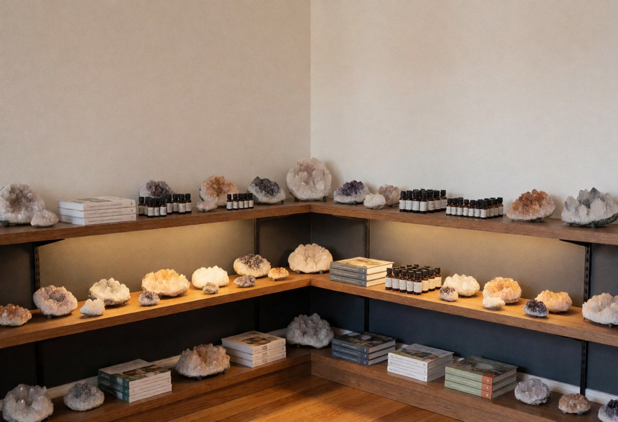 Wooden shelf displaying crystals, books, and essential oils in a wellness center with gray walls and wood flooring