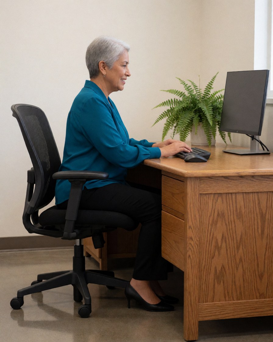A woman sits at a wooden desk in an office, working on a computer with a plant nearby, using a keyboard and monitor, seated on an office chair.
