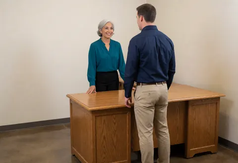 A smiling woman helps a male client at a wooden desk in a contemporary office setting, demonstrating friendly and professional service.