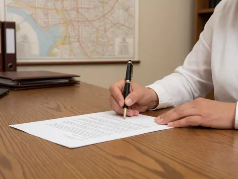 Close-up of a hand signing a document on a wooden desk with a map and folders in the background for real estate business