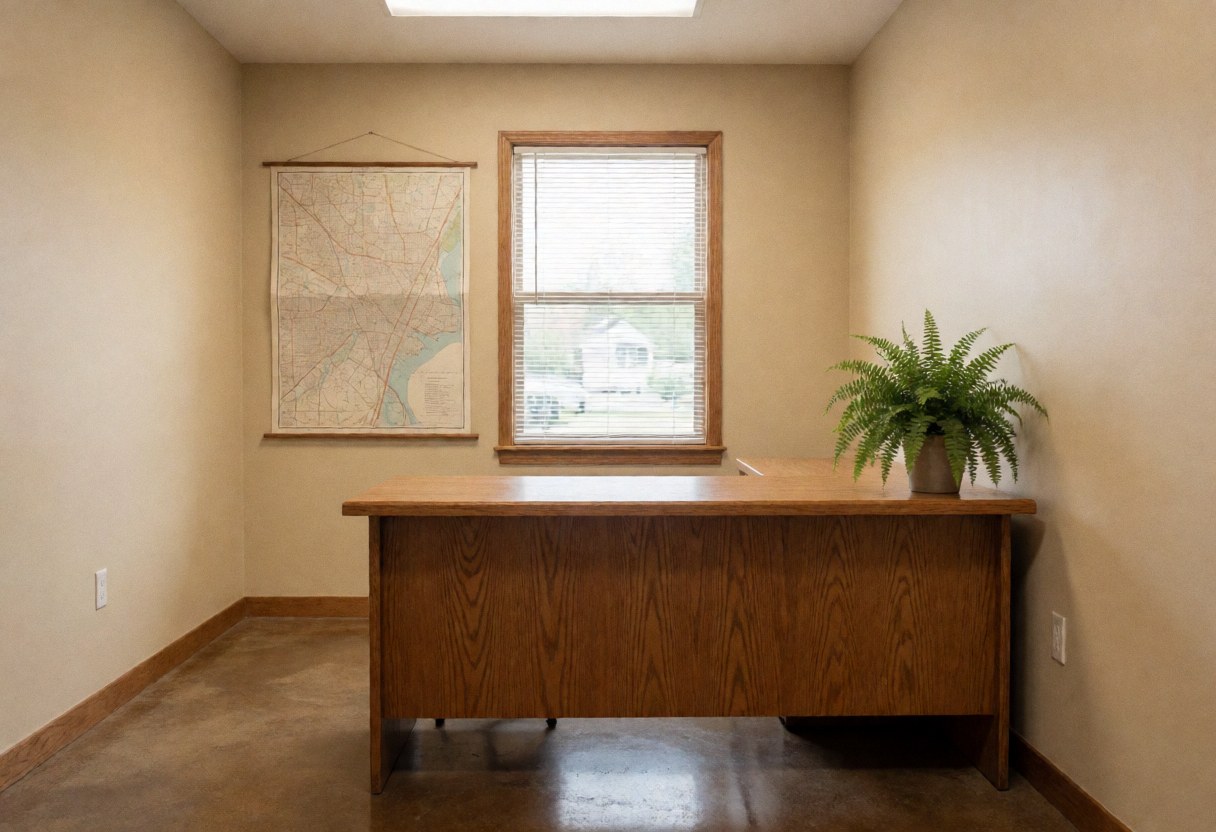 Empty real estate office featuring a wooden desk, vintage wall map, green plant, and natural light from a window with blinds