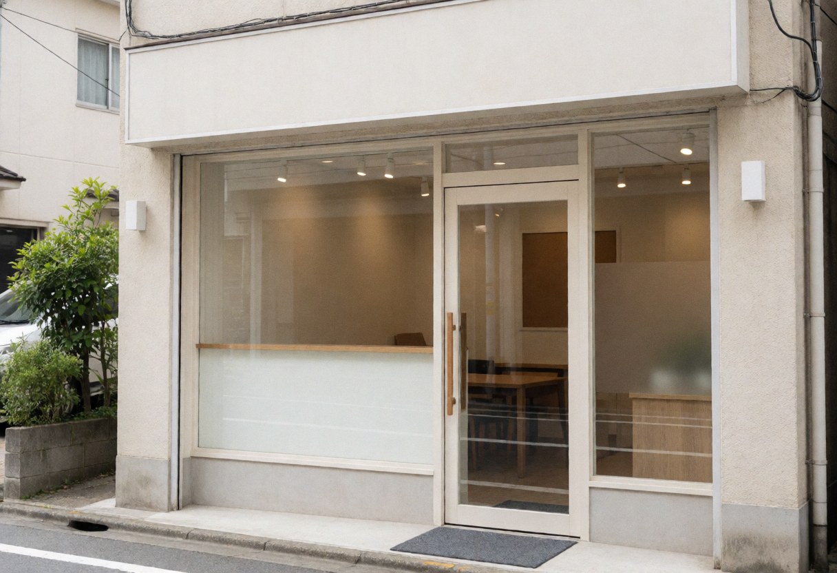 Clean glass entrance door with natural light reflecting on the facade of a modest commercial building exterior