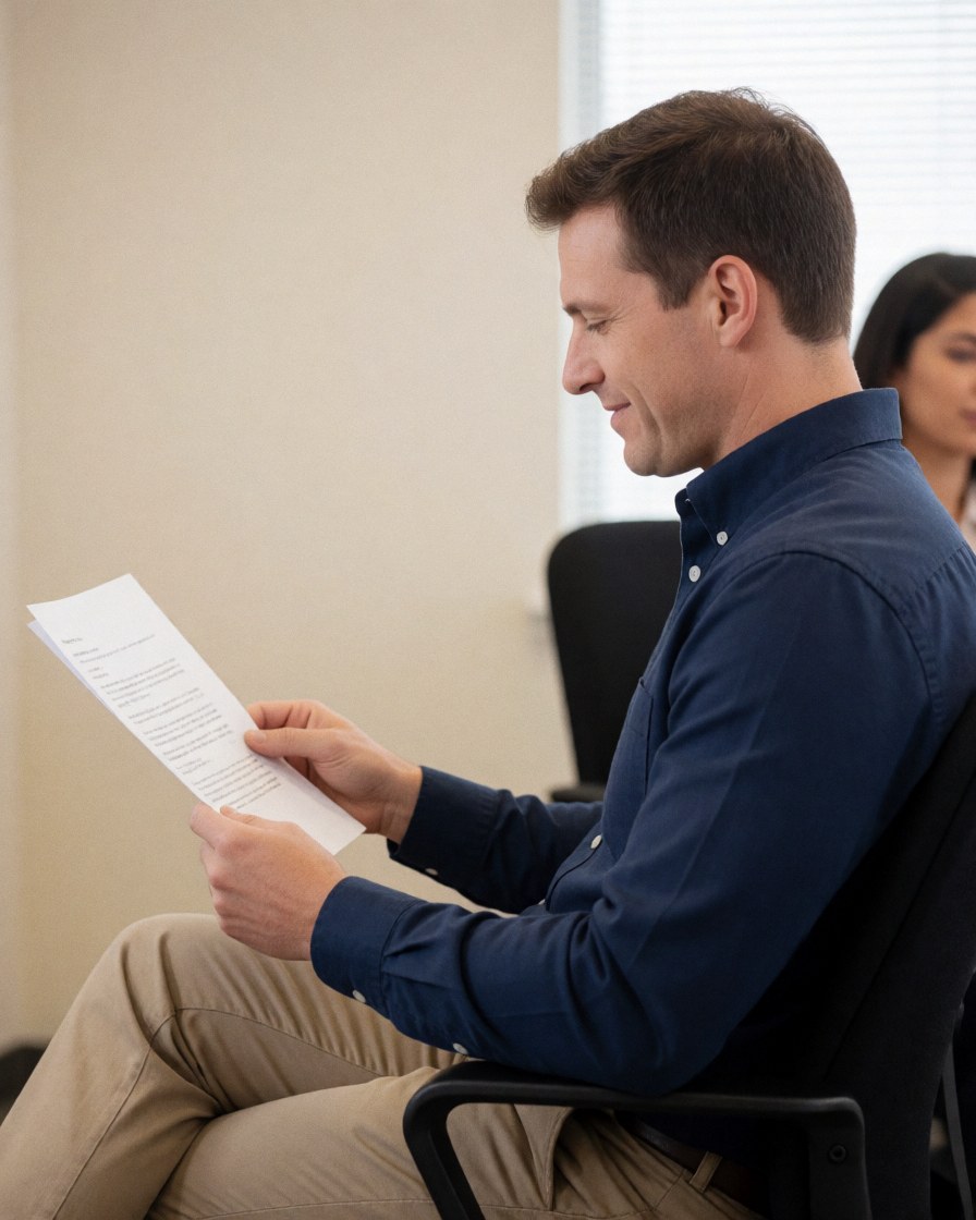 A smiling man and woman sitting in an office chair while reviewing paperwork together, showing satisfaction with their real estate transaction.