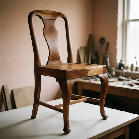 A restored cedar wood chair with a warm finish, displayed in a furniture repair workshop setting.