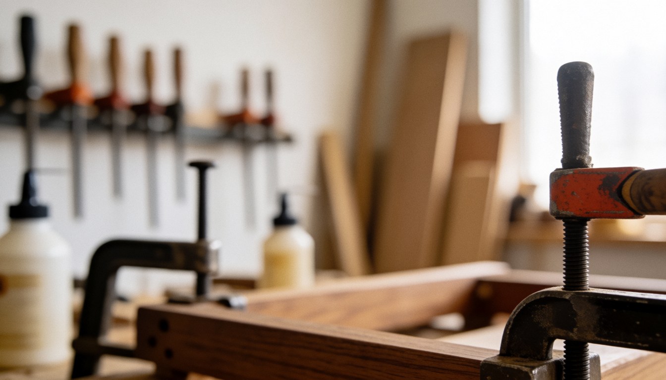 Close-up view of a woodworking workspace featuring wooden clamps and glue bottles on a natural wood surface, ideal for text overlay