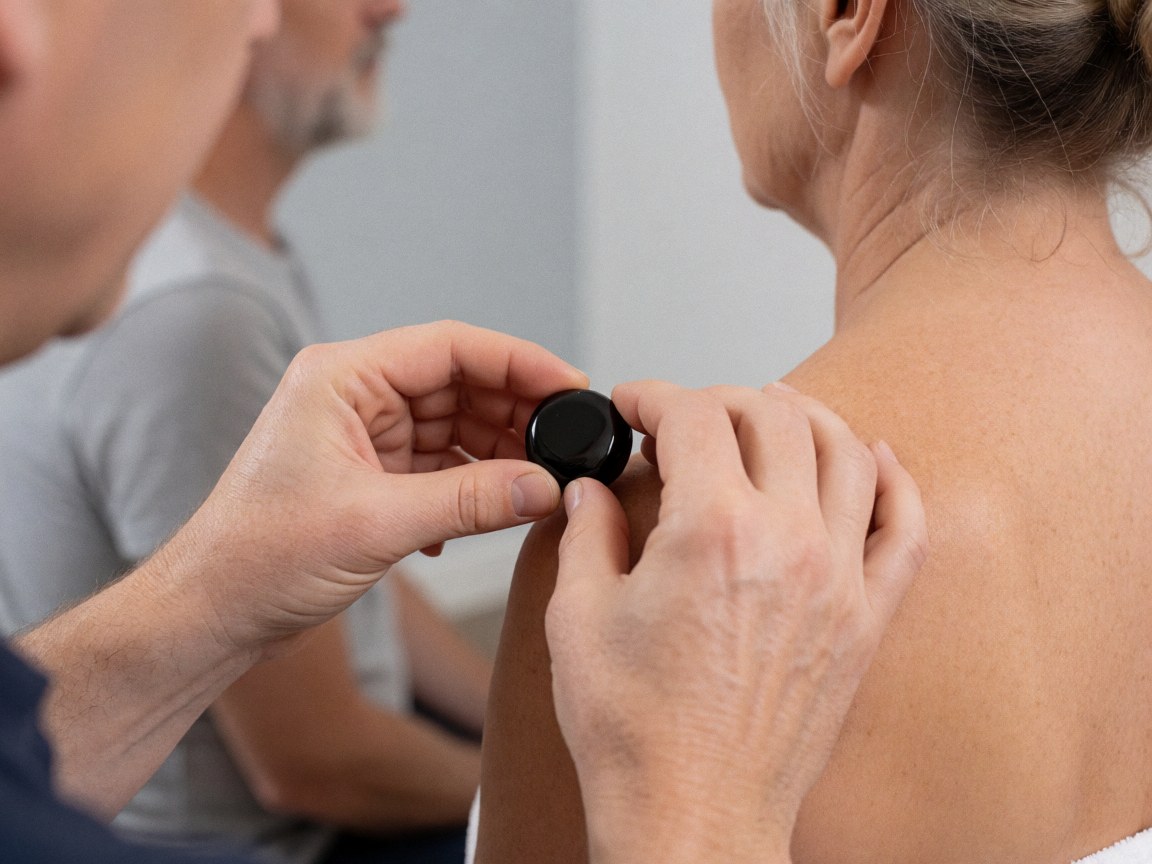 Close-up of a therapist's hands placing a black obsidian stone on a client's shoulder during a reiki session with soft lighting and a blurred background