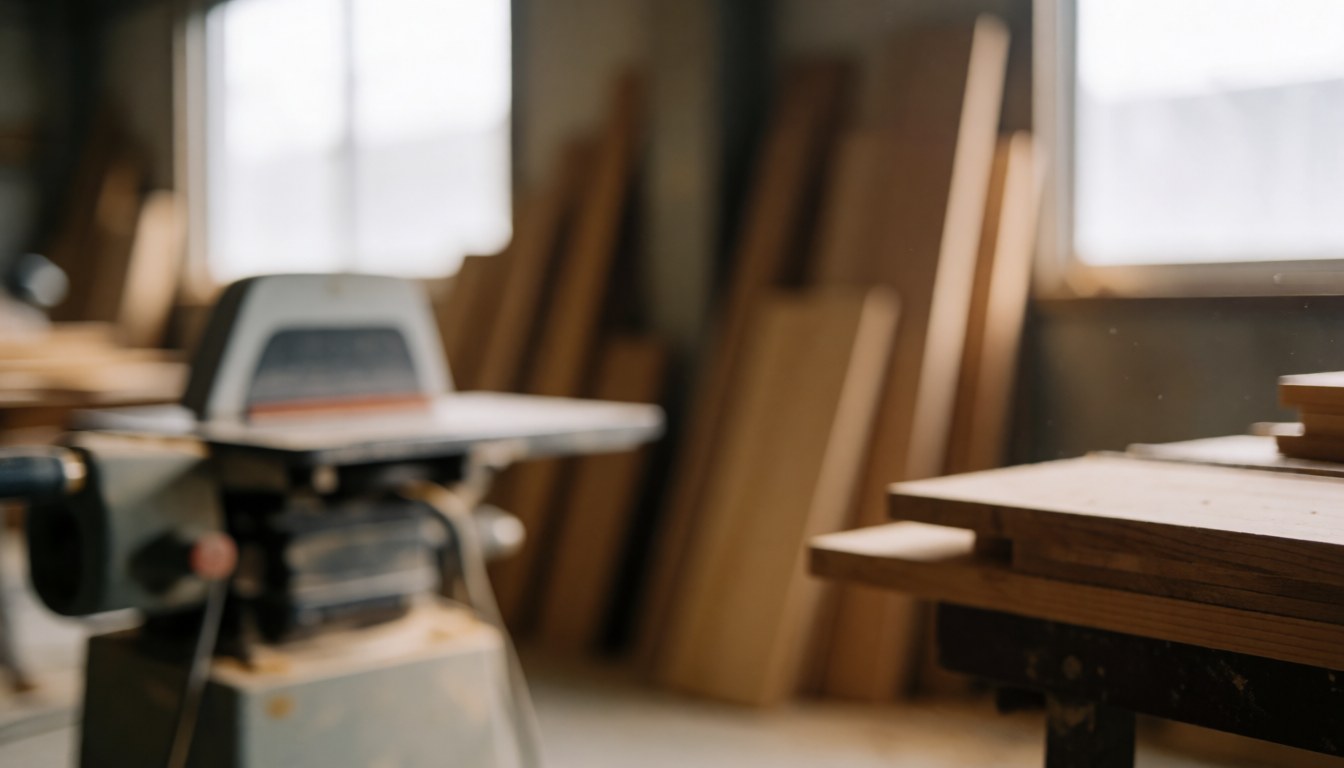 Natural light illuminates a carpentry workshop filled with sawing machines and wooden planks, providing a professional background for furniture repair text.