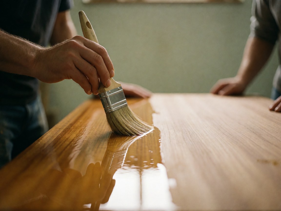 A hand uses a brush to apply varnish to a wooden surface, creating a glossy finish in a workshop with green walls.