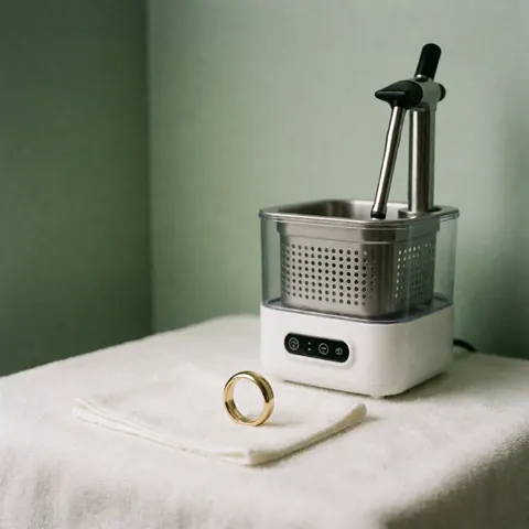Polished gold ring resting on white fabric next to an ultrasonic cleaner against a pale green wall, showcasing jewelry repair services.