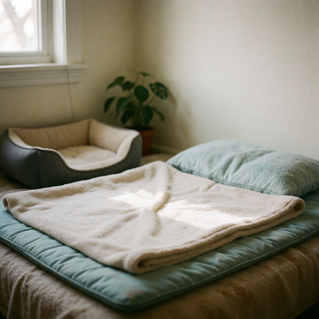 A cozy pet bed and soft blanket arranged in a bright room with natural light and a plant, creating a relaxing space for animal therapy.