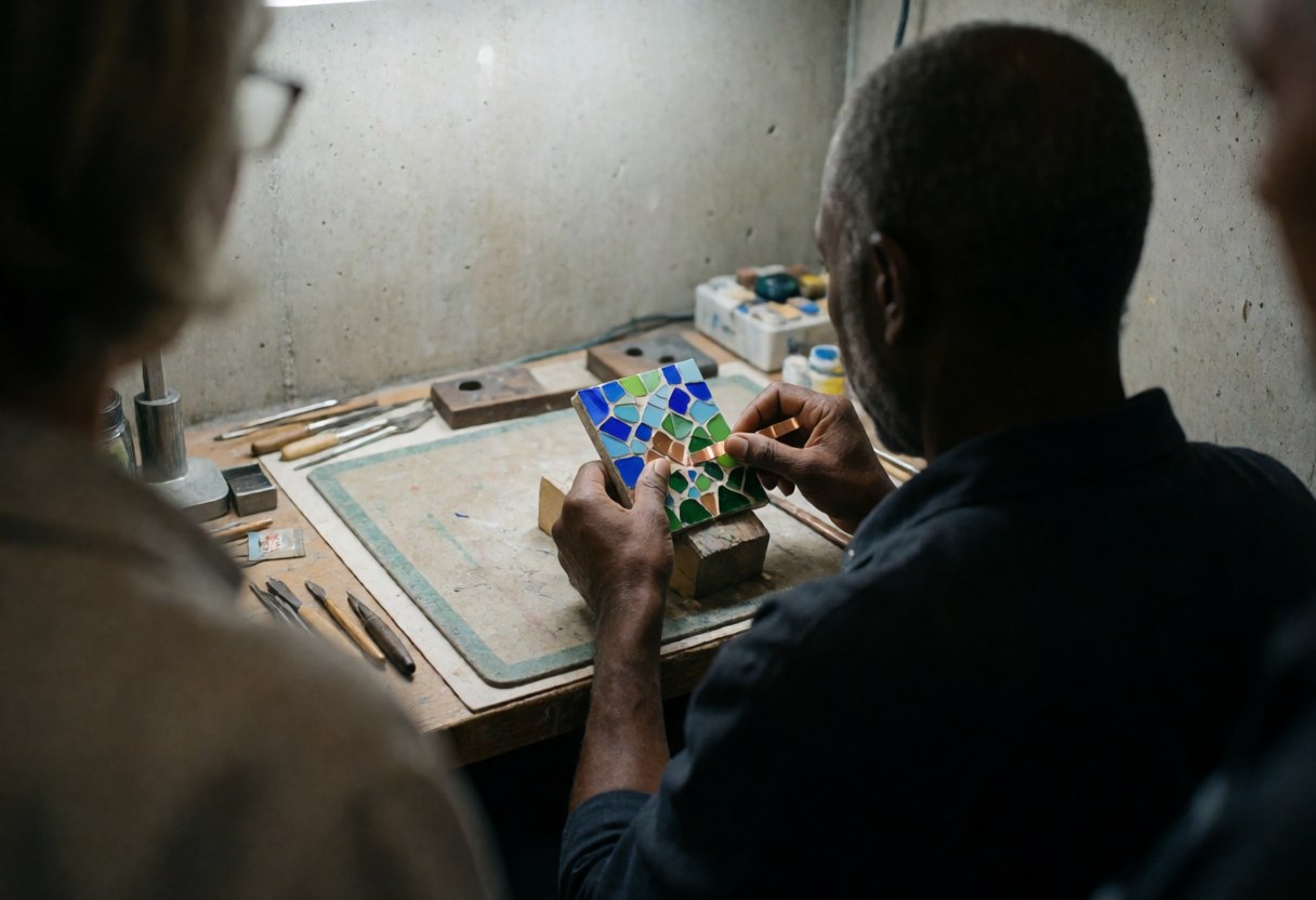 Back view of artisan working on decorative marble panel with copper in workshop with concrete walls and tools