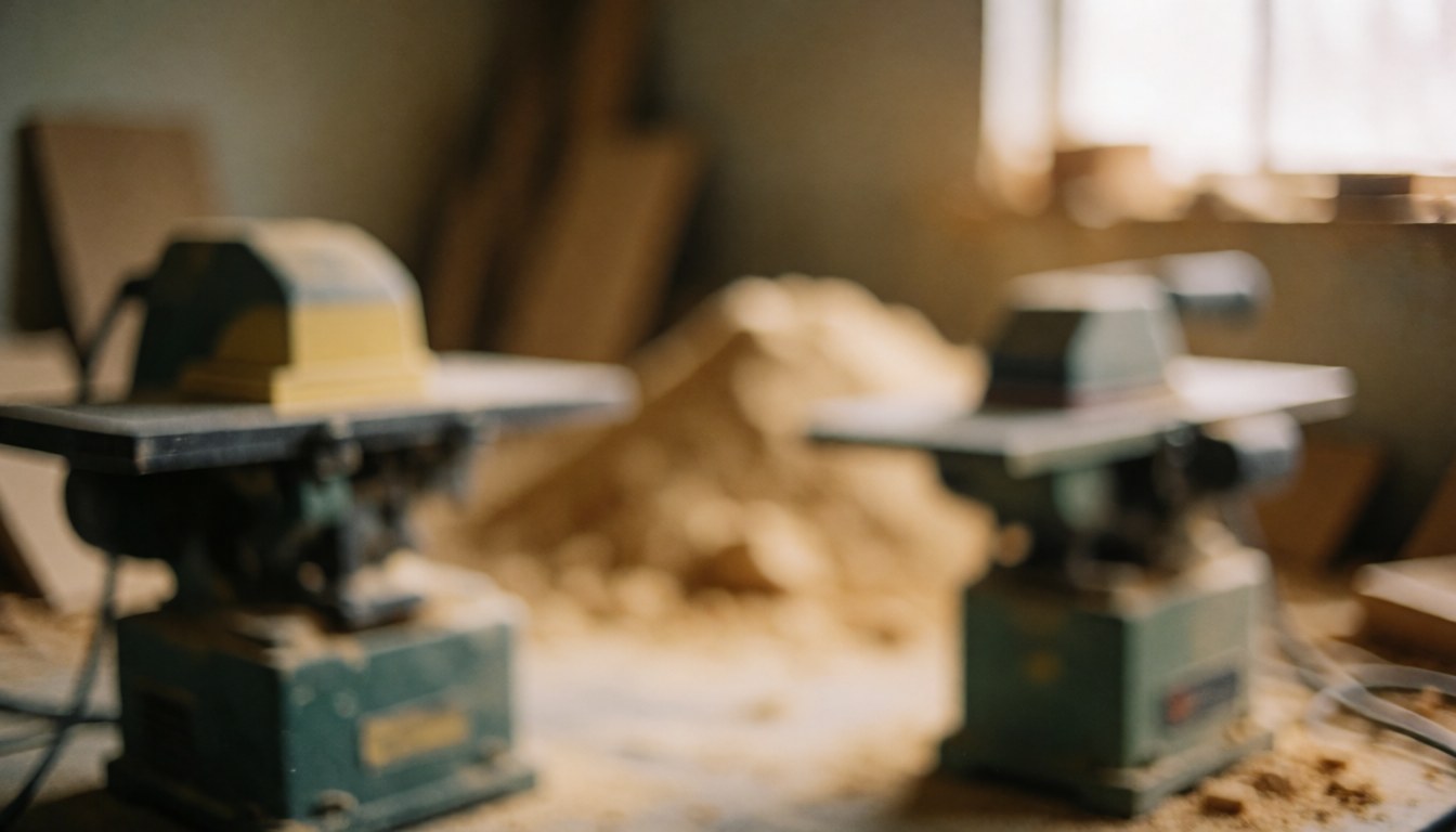 A workshop background featuring sanded wood, sawdust, and tools, ideal for furniture repair text overlays