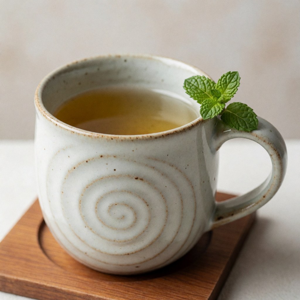 Handmade spiral-patterned ceramic mug filled with chamomile tea and fresh mint leaf on a wooden coaster under warm soft lighting