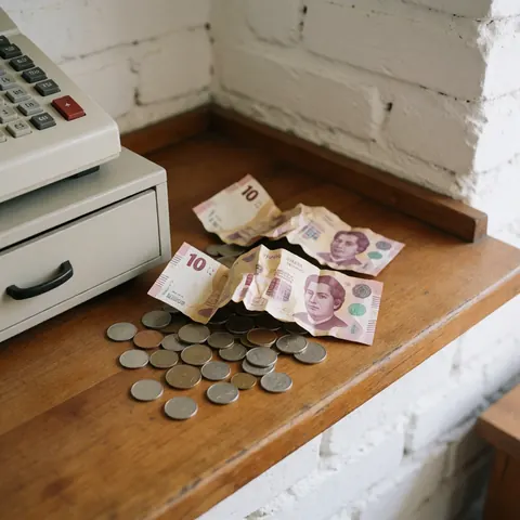 Stack of ten dollar bills and silver coins arranged on a wooden table next to a vintage cash register against a brick wall