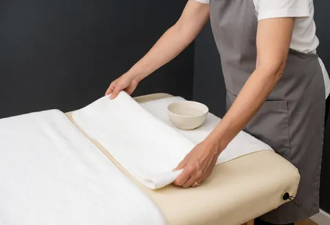 Reiki therapist arranging white towels and a water cup on a treatment table against a charcoal gray wall for a clean professional setting