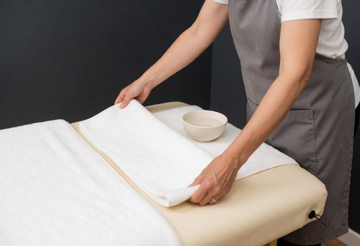 Reiki therapist arranging white towels and a water cup on a treatment table against a charcoal gray wall for a clean professional setting