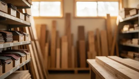 A wooden storage area featuring stacked lumber planks and shelves filled with sandpaper boxes, illuminated by warm light from windows with a blurred background suitable for text overlay.