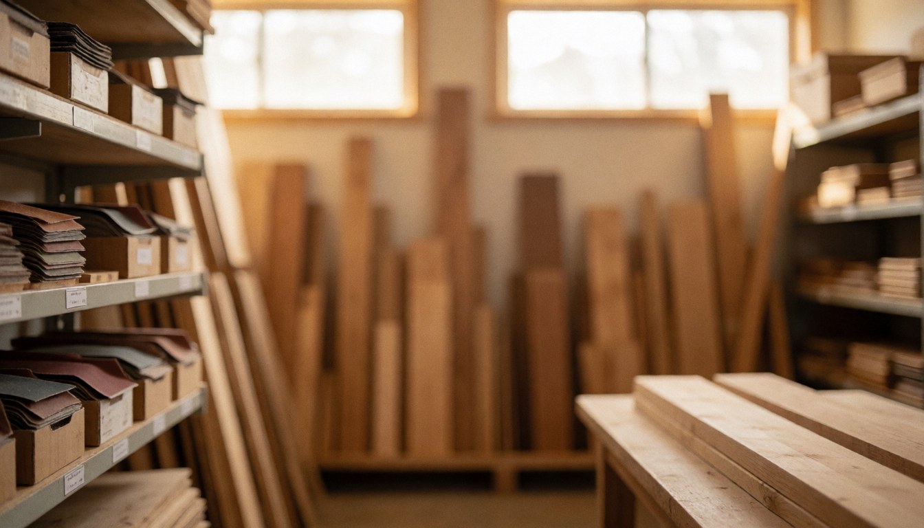 A wooden storage area featuring stacked lumber planks and shelves filled with sandpaper boxes, illuminated by warm light from windows with a blurred background suitable for text overlay.