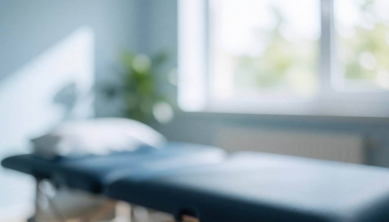 A clean and empty physiotherapy treatment room featuring a white treatment bed, large windows with natural light, and a calm professional atmosphere suitable for health and wellness content.