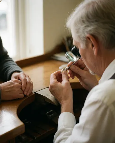 A jeweler examines a silver ring using a magnifying glass while a customer rests their hands on a wooden table in a well-lit workshop.