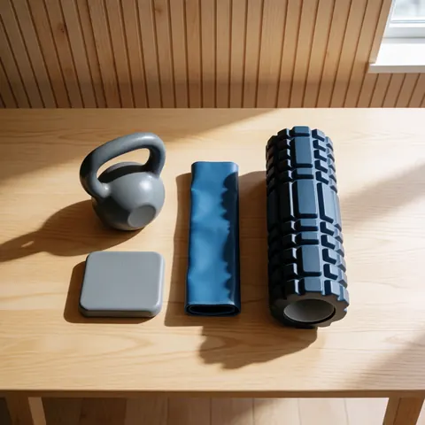 Advanced physiotherapy gear including kettlebell, resistance tube, and massage roller on light wood with natural light
