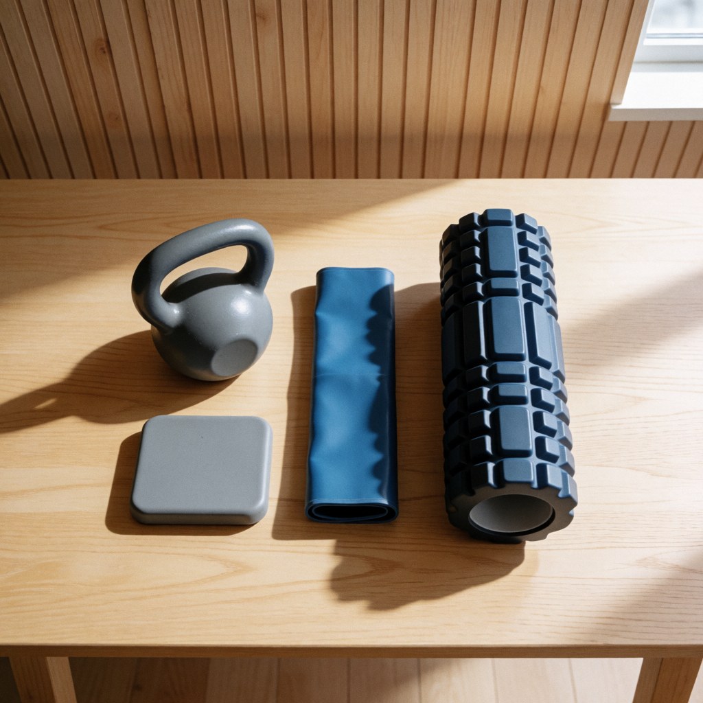Advanced physiotherapy gear including kettlebell, resistance tube, and massage roller on light wood with natural light