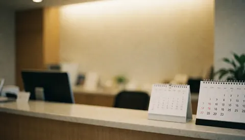 A professional reception area featuring a wooden desk, wall calendars, and a computer under warm lighting, suitable for administrative service backgrounds.