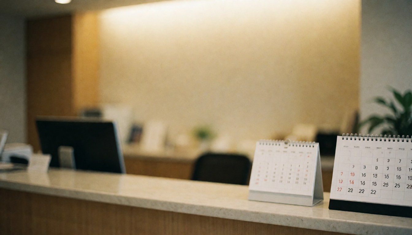 A professional reception area featuring a wooden desk, wall calendars, and a computer under warm lighting, suitable for administrative service backgrounds.