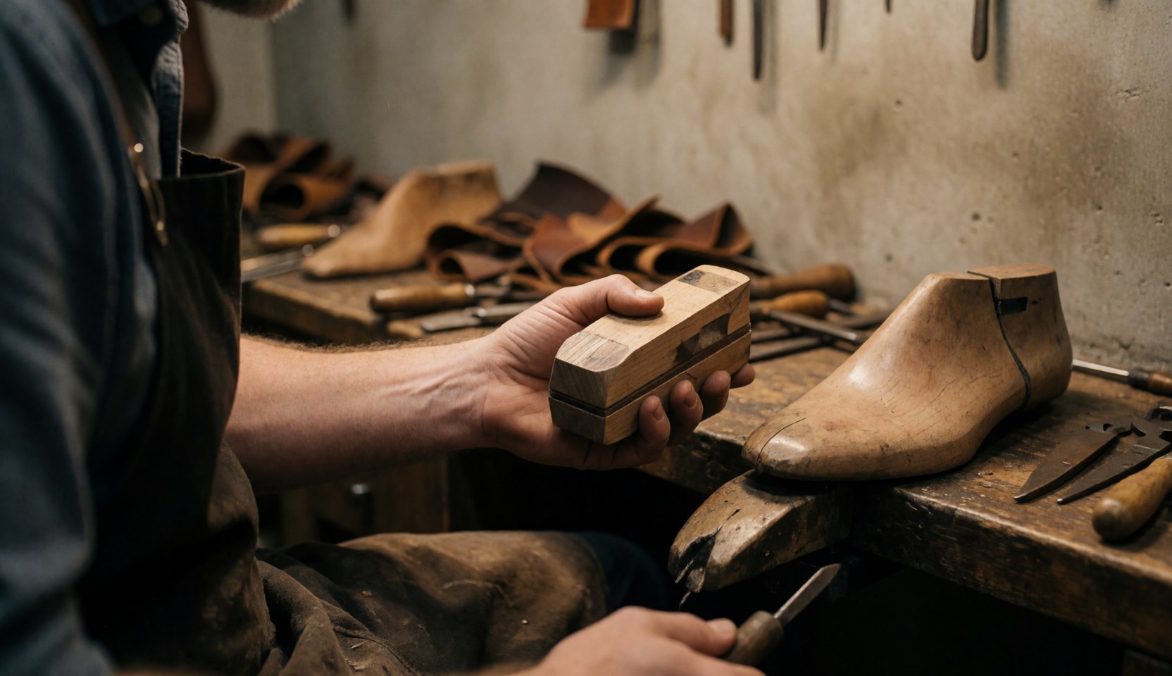 Professional cobbler in workshop holding wood block and shoe with warm light and leather background