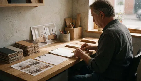 A professional worker in a wood workshop surrounded by finish samples, furniture photos, and tools with natural light from a window
