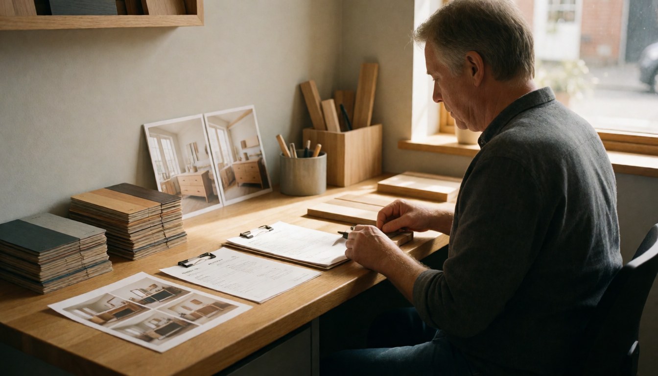 A professional worker in a wood workshop surrounded by finish samples, furniture photos, and tools with natural light from a window