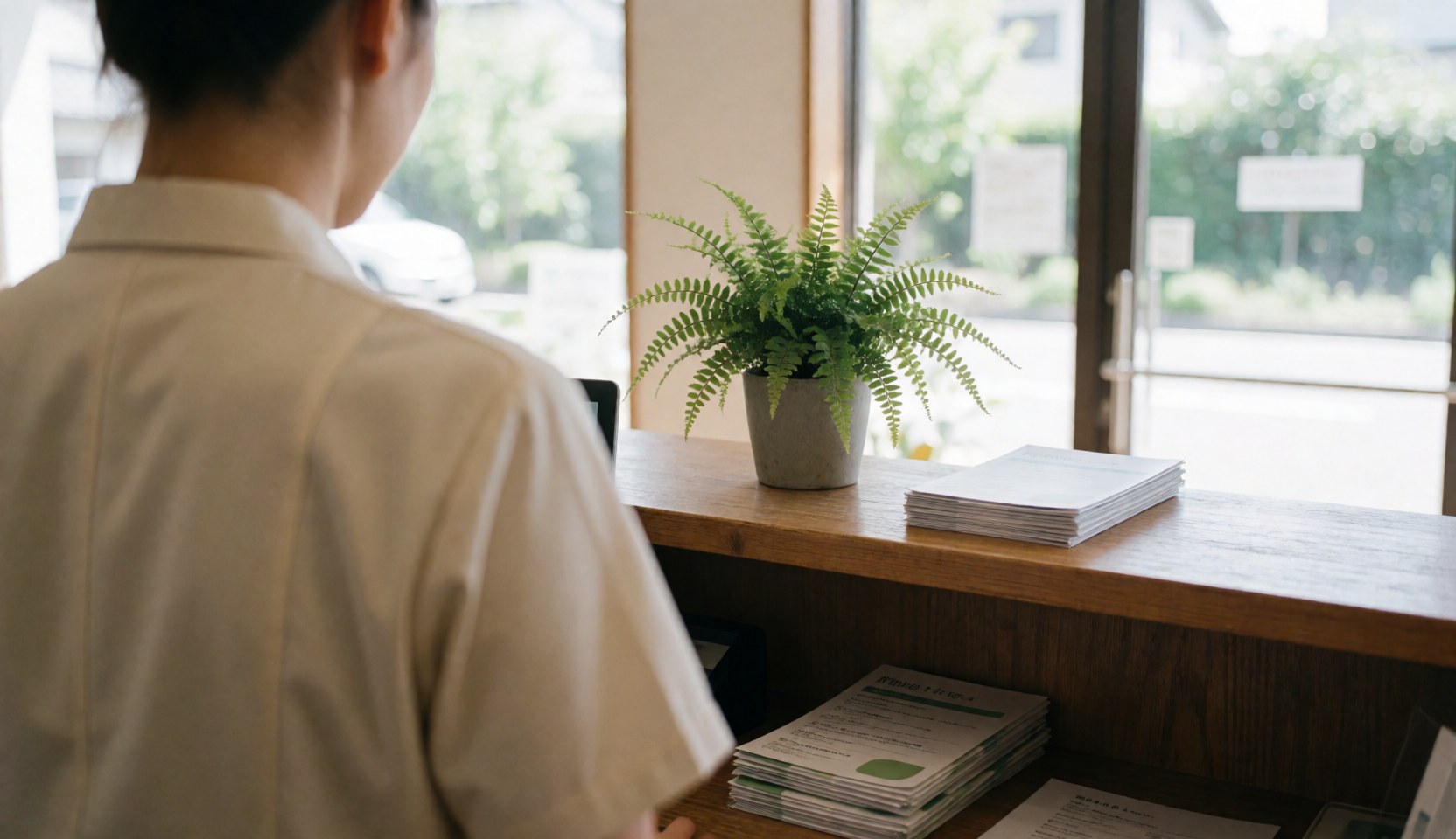 Back view of a reiki practitioner standing at a wooden reception desk with brochures and a plant near a window with natural light