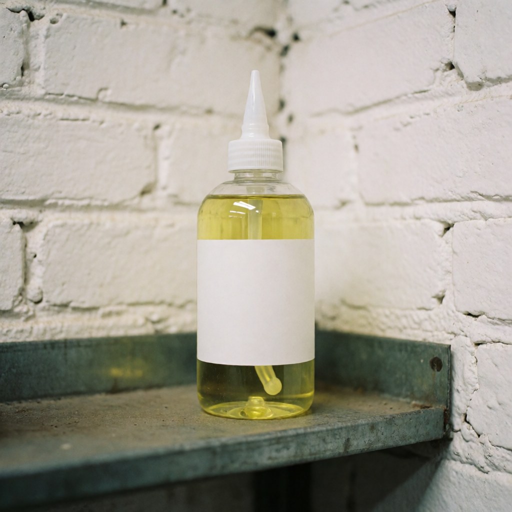 Clear plastic bottle with white dropper cap containing yellow sharpening oil, placed on a metal rack against a white brick wall for tool maintenance.