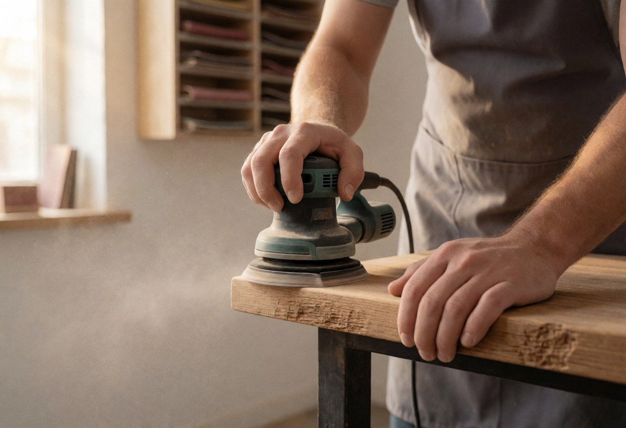 Close-up of professional wood sanding in progress, showing dust and smooth wooden surfaces during furniture repair work